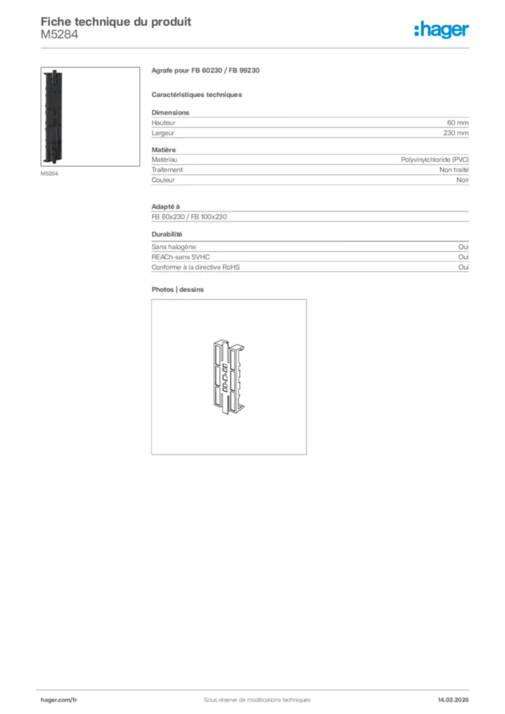 Image Hager Fiche technique du produit M5284 | Hager France