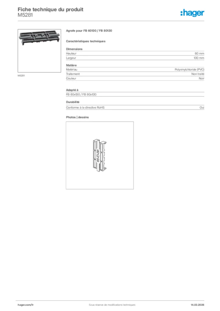 Image Hager Fiche technique du produit M5281 | Hager France