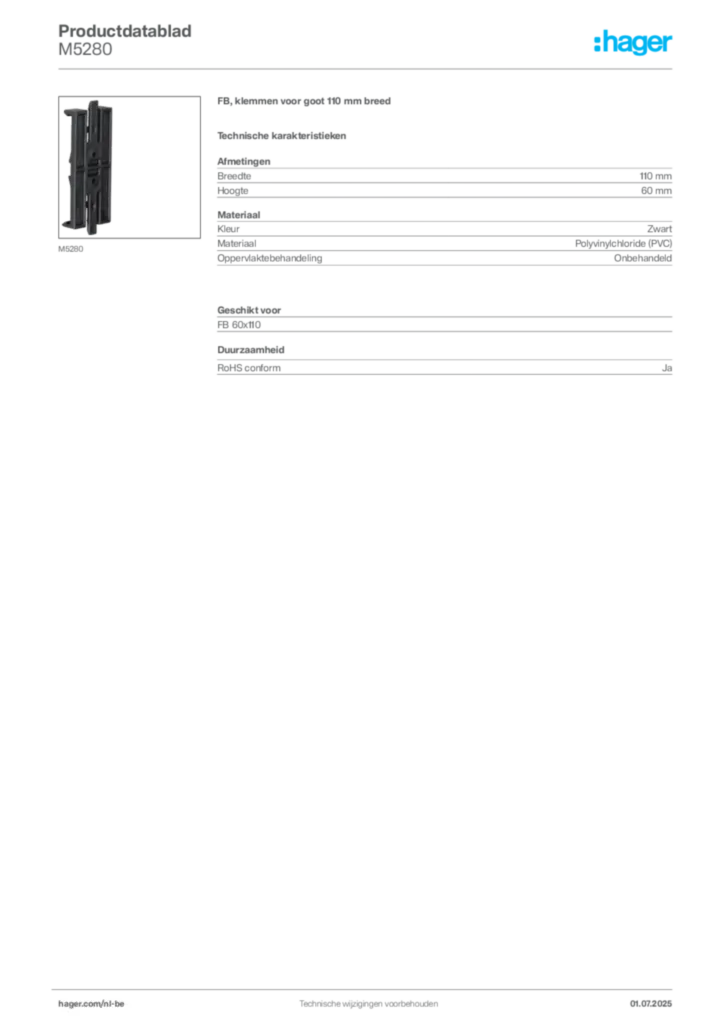 Afbeelding Hager Productdatablad M5280 | Hager Belgium