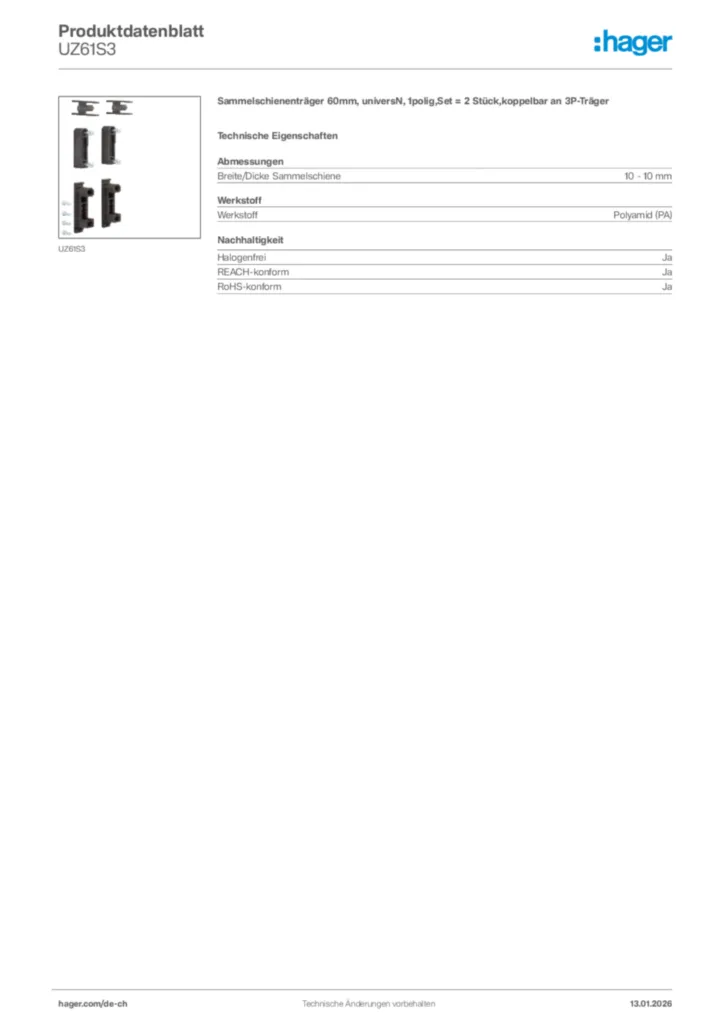 Bild Hager Produktdatenblatt UZ61S3 | Hager Schweiz