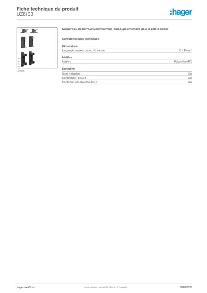Image Hager Fiche technique du produit UZ61S3 | Hager Suisse