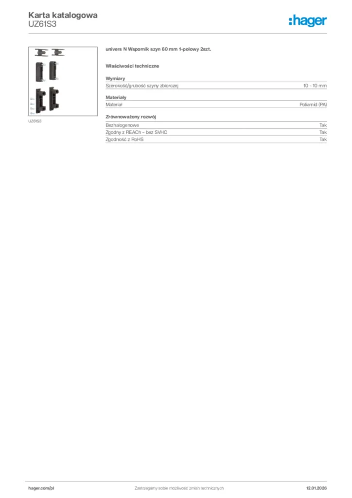 Zdjęcie Hager Karta katalogowa UZ61S3 | Hager Polska