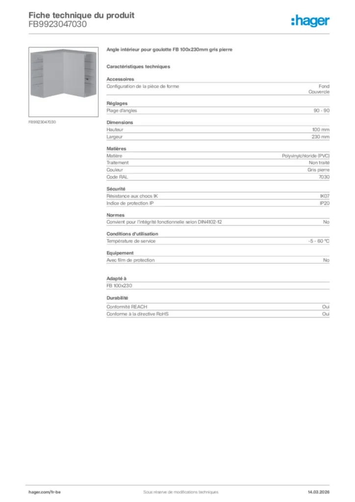 Image Hager Fiche technique du produit FB9923047030 | Hager Belgique