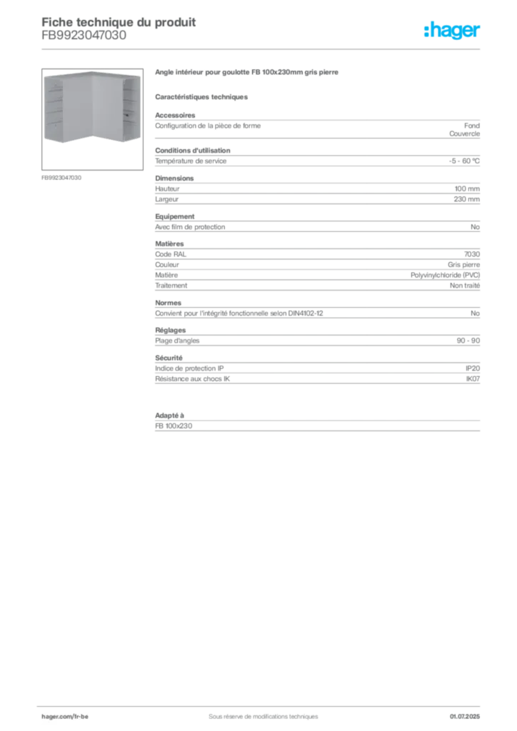 Image Hager Fiche technique du produit FB9923047030 | Hager Belgique