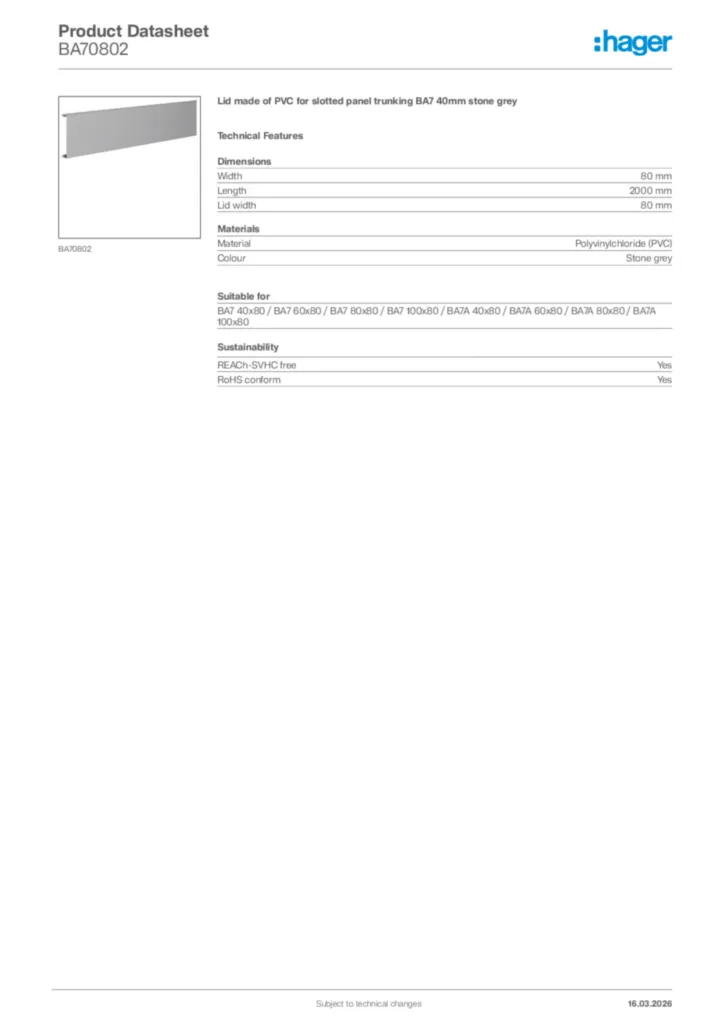 Image Hager Product data sheet BA70802  | Hager Africa