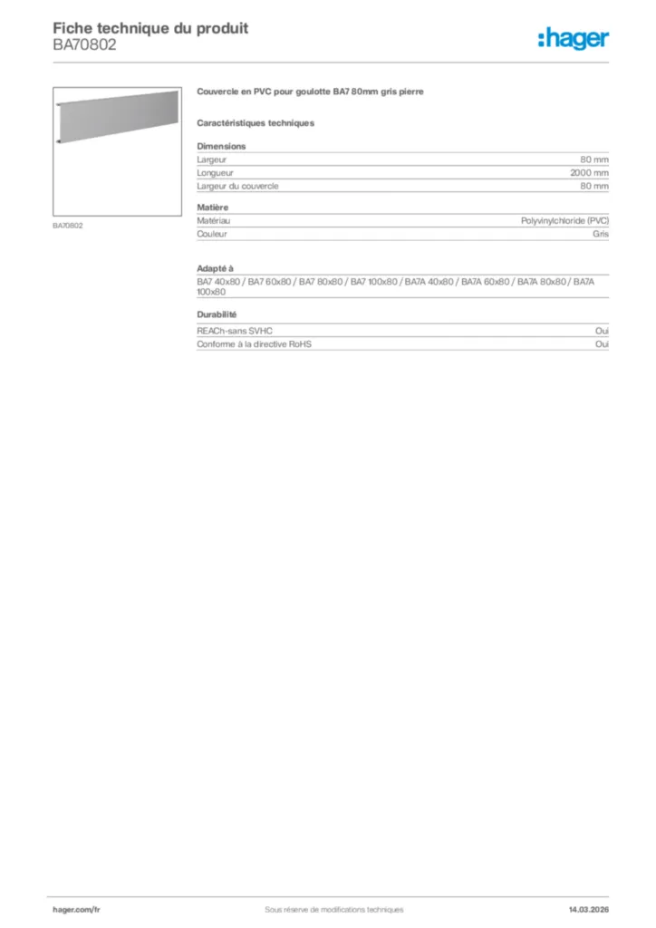 Image Hager Fiche technique du produit BA70802 | Hager France