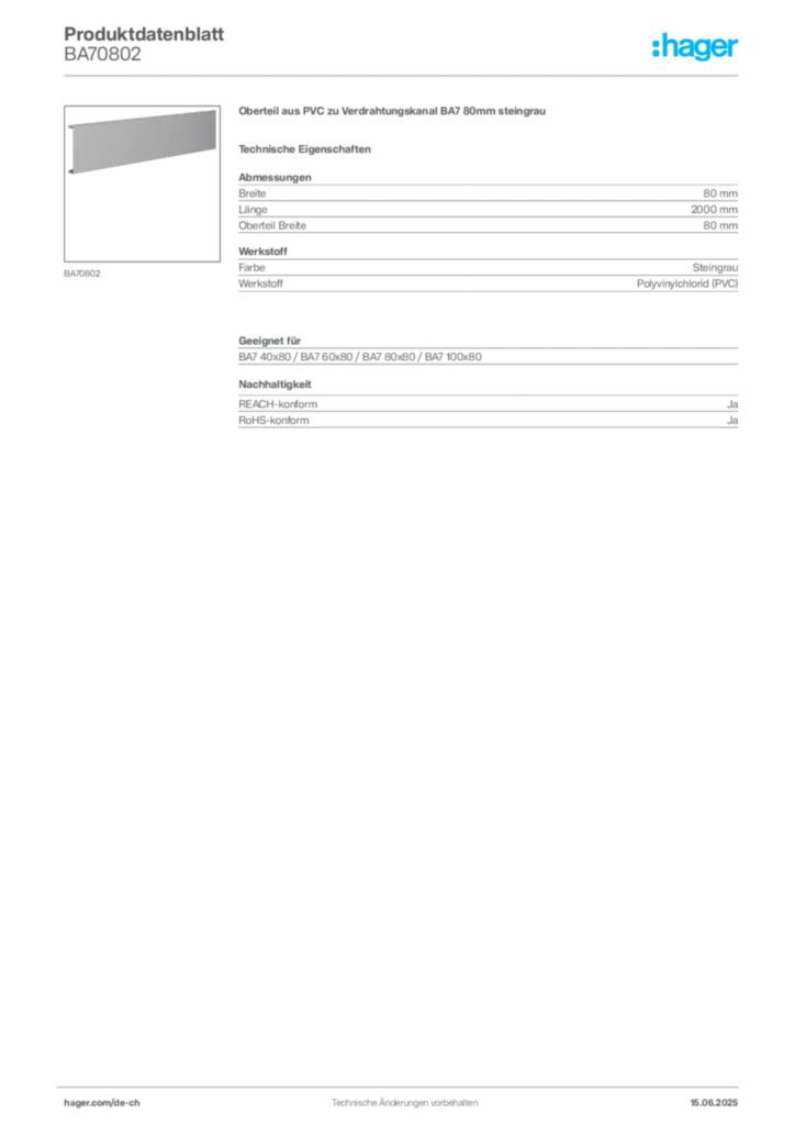 Bild Hager Produktdatenblatt BA70802 | Hager Schweiz