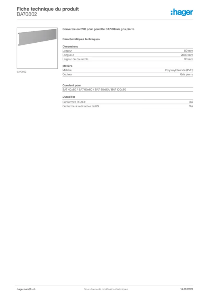 Image Hager Fiche technique du produit BA70802 | Hager Suisse