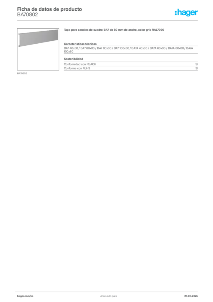 Imagen Hager Ficha de datos de producto BA70802 | Hager España