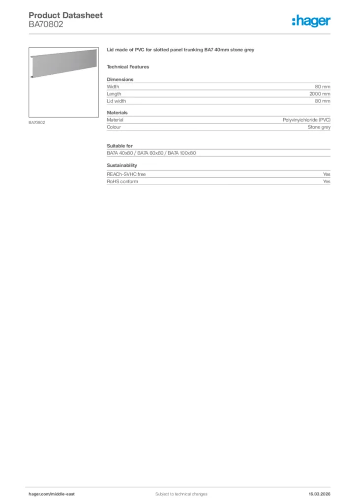 Image Hager Product data sheet BA70802  | Hager