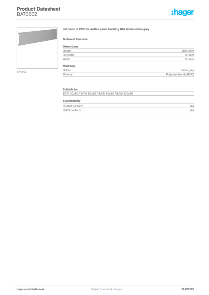 Image Hager Product data sheet BA70802  | Hager