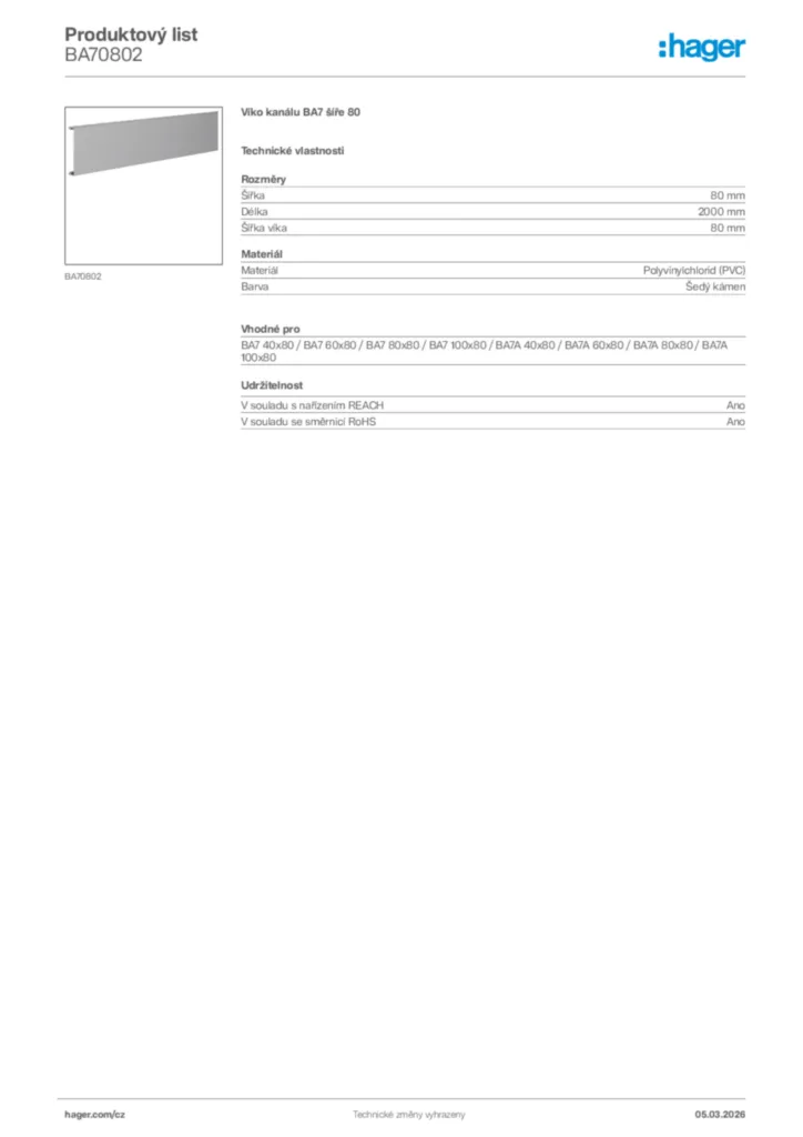 Obrázek Hager Product data sheet BA70802 | Hager