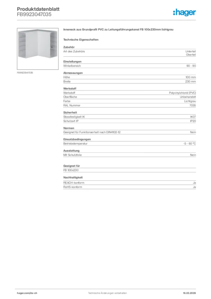 Bild Hager Produktdatenblatt FB9923047035 | Hager Schweiz