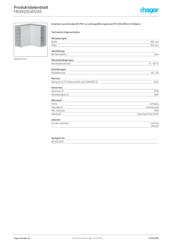 Bild Hager Produktdatenblatt FB9923047035 | Hager Schweiz