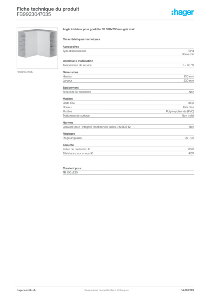 Image Hager Fiche technique du produit FB9923047035 | Hager Suisse
