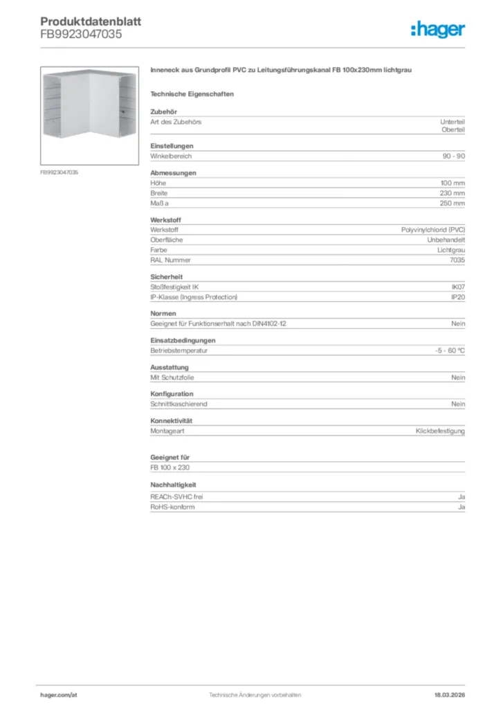 Bild Hager Produktdatenblatt FB9923047035 | Hager Deutschland