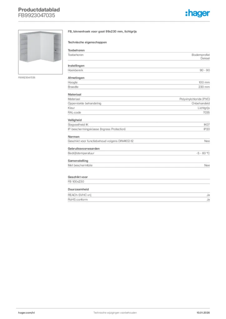 Afbeelding Hager Productdatablad FB9923047035 | Hager Nederland