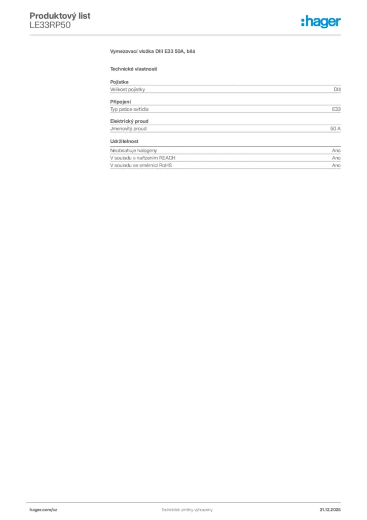 Obrázek Hager Product data sheet LE33RP50 | Hager
