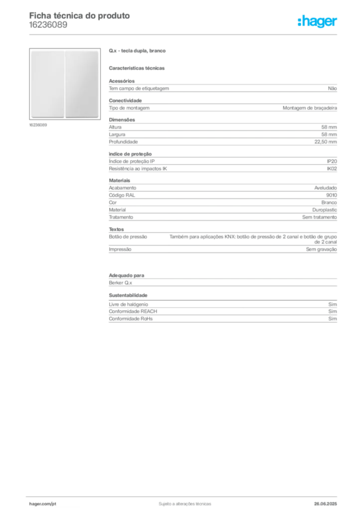 Imagem Hager Ficha técnica do produto 16236089 | Hager Portugal