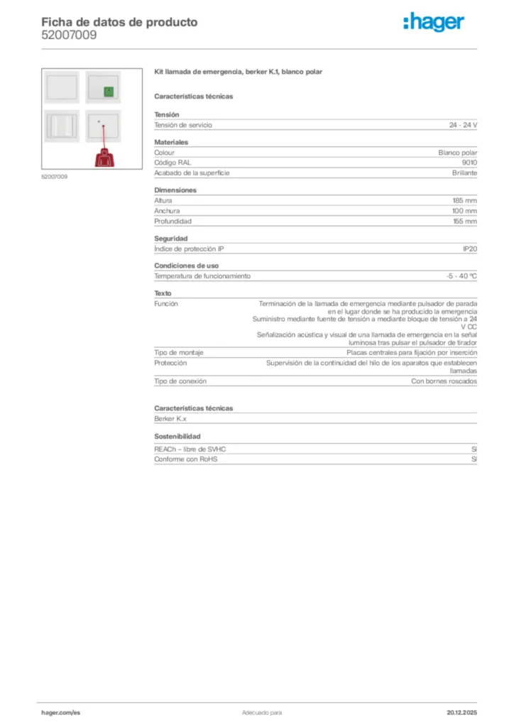 Imagen Hager Ficha de datos de producto 52007009 | Hager España