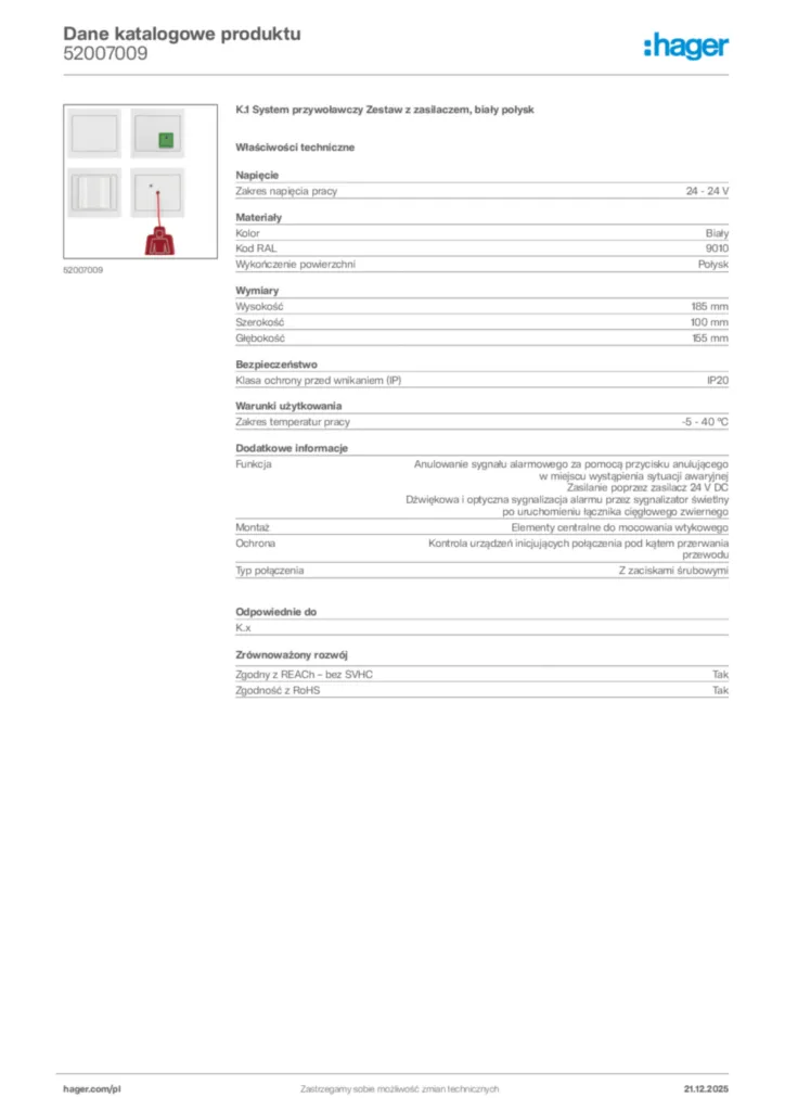 Zdjęcie Hager Dane katalogowe produktu 52007009 | Hager Polska