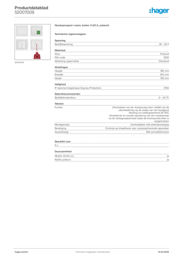 Afbeelding Hager Productdatablad 52007009 | Hager Nederland