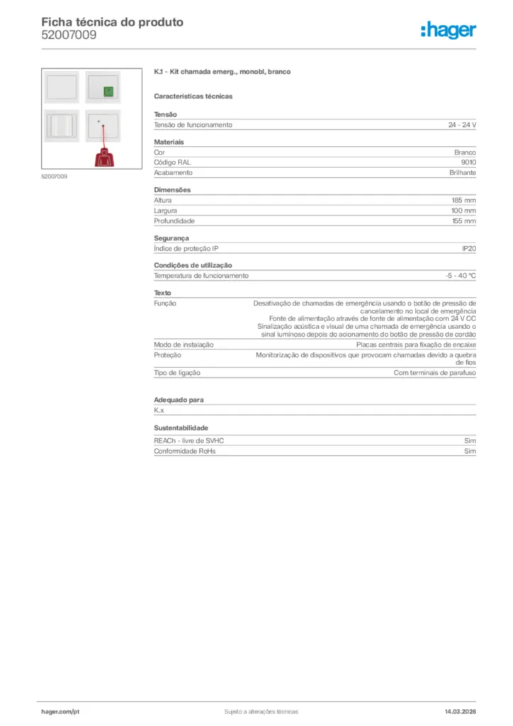 Imagem Hager Ficha técnica do produto 52007009 | Hager Portugal