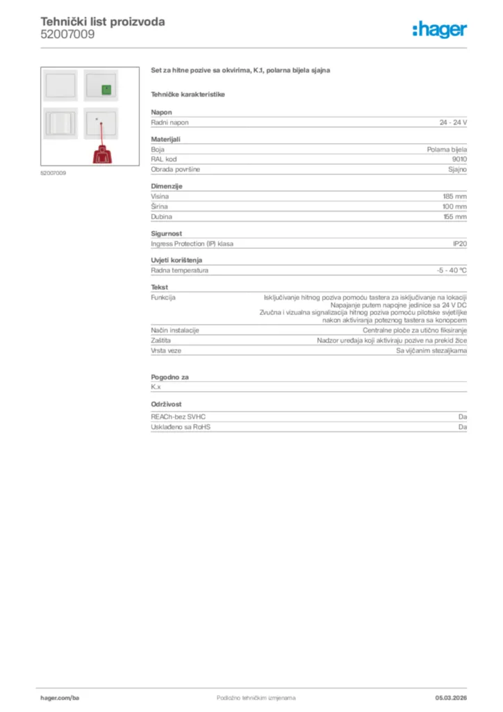 Slika Hager Tehnički list proizvoda 52007009  | Hager