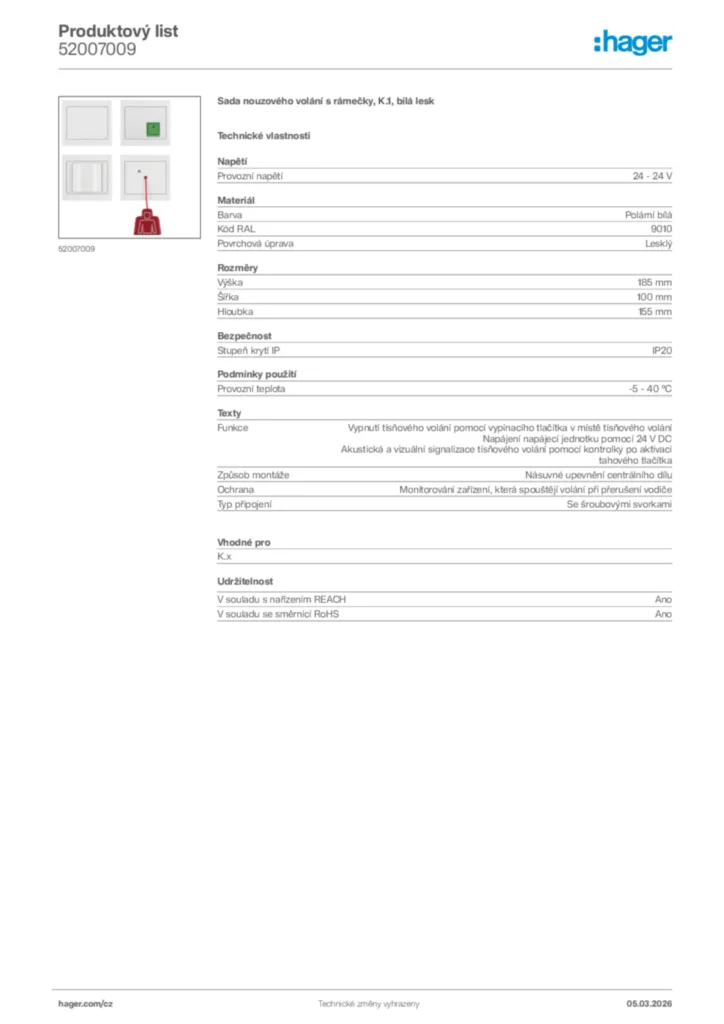 Obrázek Hager Product data sheet 52007009 | Hager