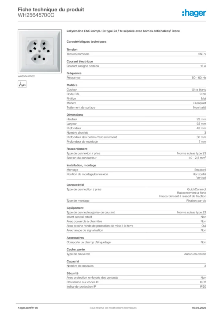 Image Hager Fiche technique du produit WH25645700C | Hager Suisse
