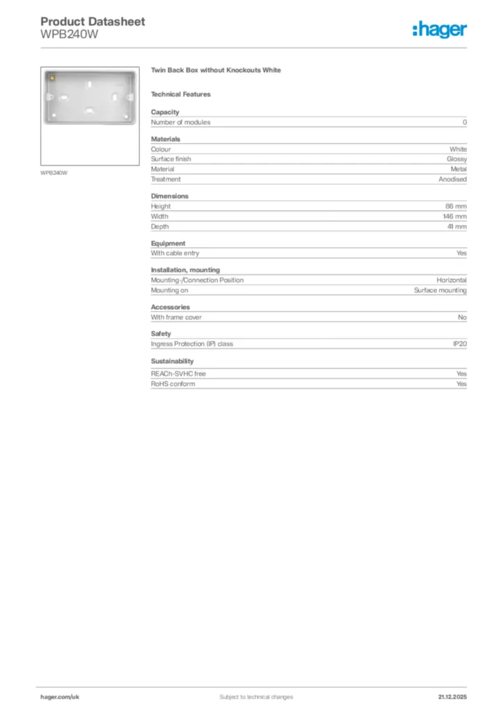 Image Hager Product data sheet WPB240W  | Hager