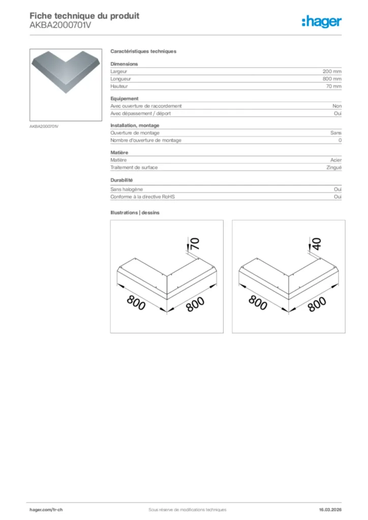 Image Hager Fiche technique du produit AKBA2000701V | Hager Suisse