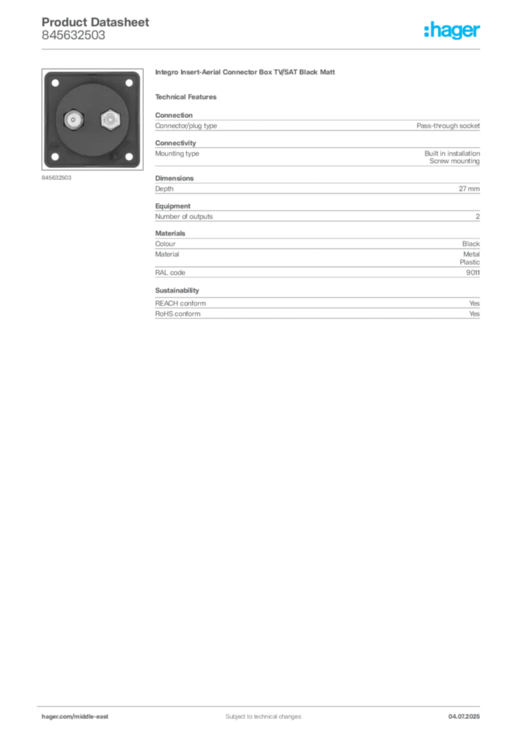 Image Hager Product data sheet 845632503  | Hager