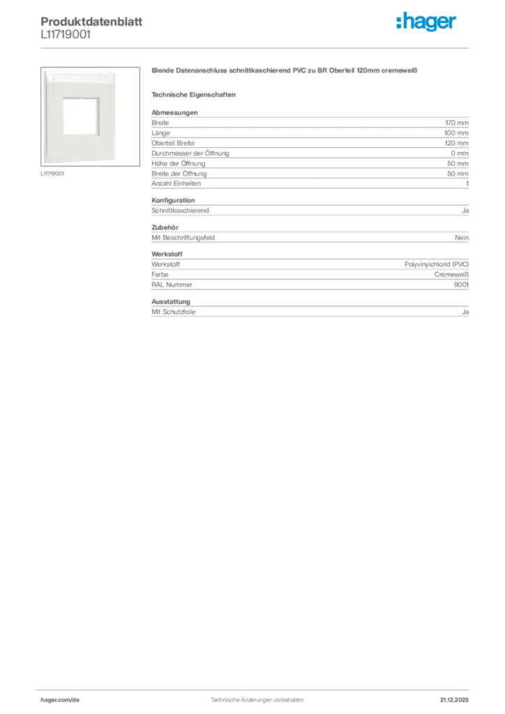 Bild Hager Produktdatenblatt L11719001 | Hager Deutschland