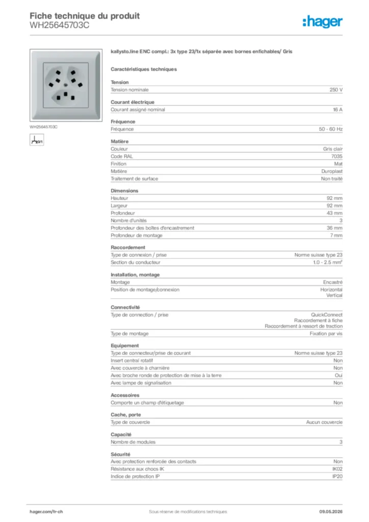 Image Hager Fiche technique du produit WH25645703C | Hager Suisse