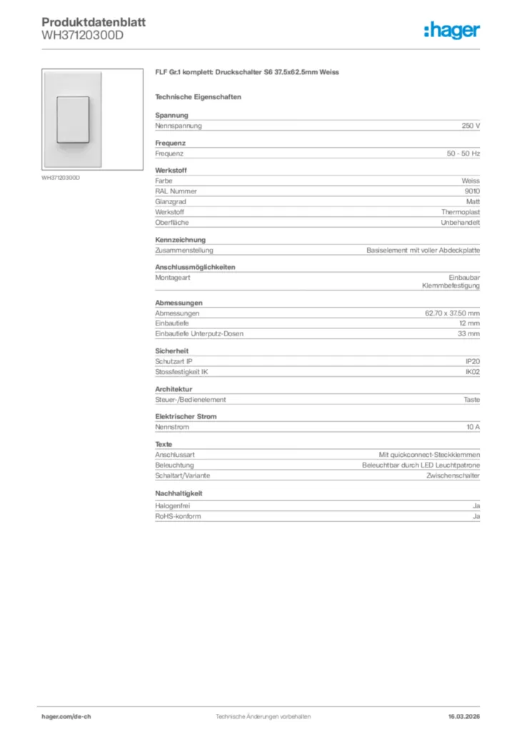 Bild Hager Produktdatenblatt WH37120300D | Hager Schweiz