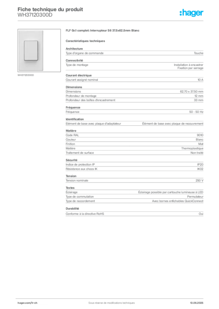Image Hager Fiche technique du produit WH37120300D | Hager Suisse