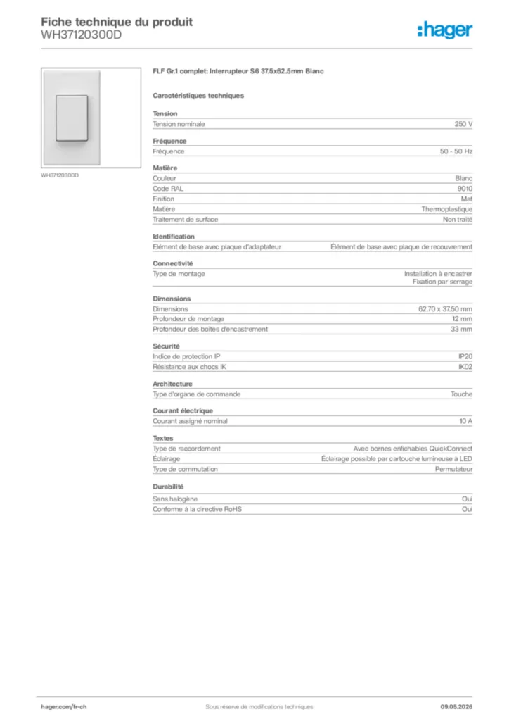 Image Hager Fiche technique du produit WH37120300D | Hager Suisse