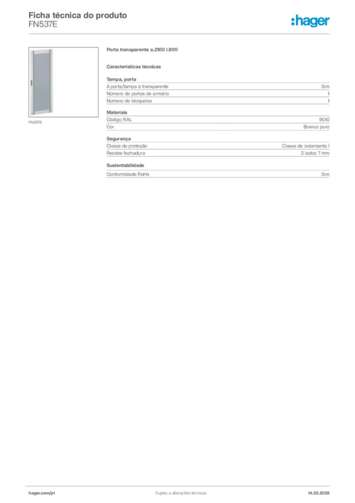 Imagem Hager Ficha técnica do produto FN537E | Hager Portugal