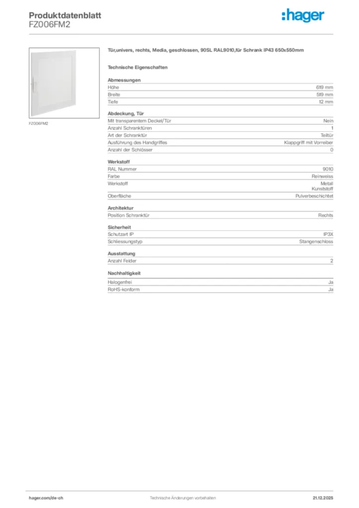 Bild Hager Produktdatenblatt FZ006FM2 | Hager Schweiz