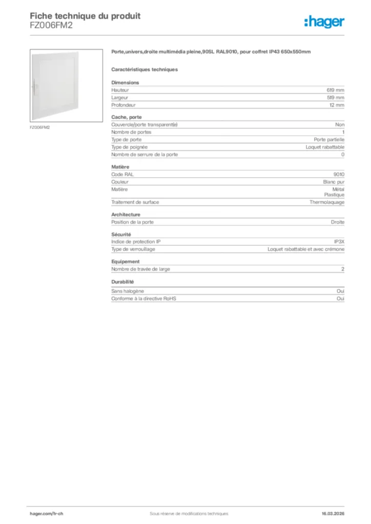 Image Hager Fiche technique du produit FZ006FM2 | Hager Suisse