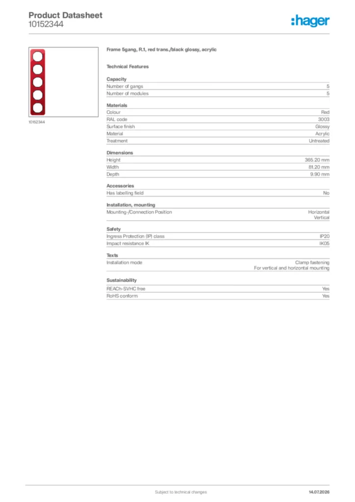 Image Hager Product data sheet 10152344  | Hager Africa