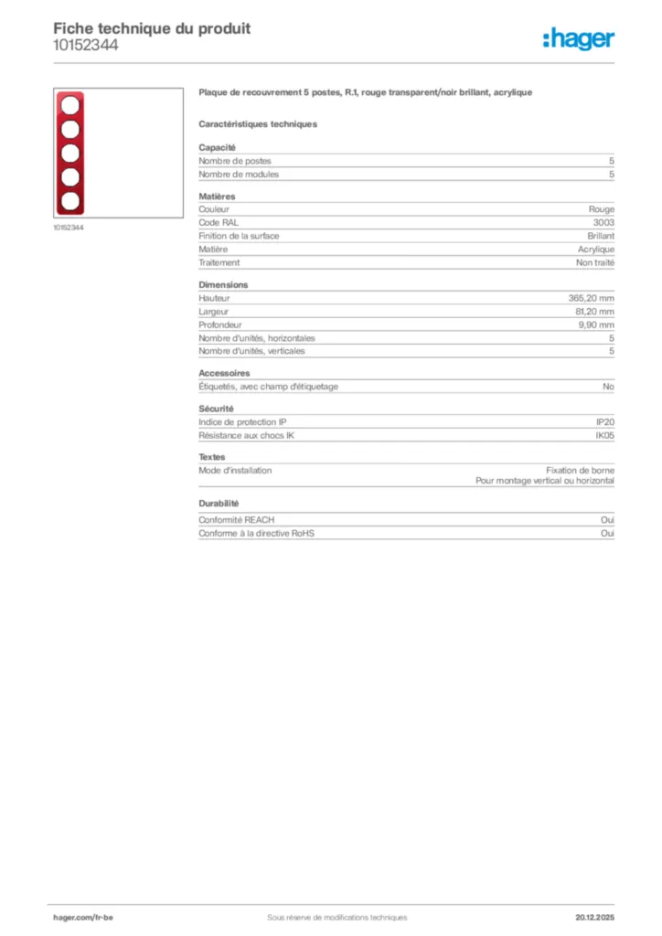 Image Hager Fiche technique du produit 10152344 | Hager Belgique