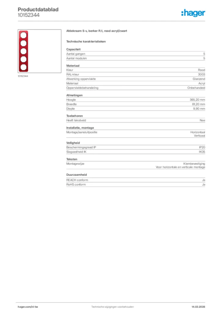 Afbeelding Hager Productdatablad 10152344 | Hager Belgium
