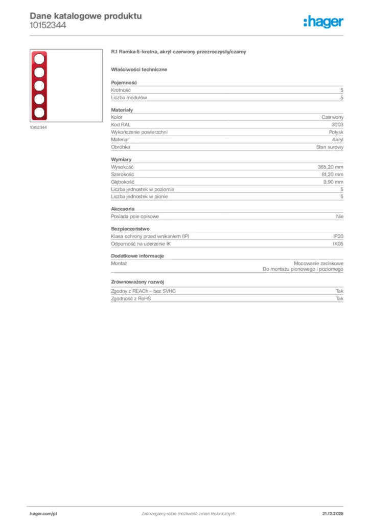 Zdjęcie Hager Dane katalogowe produktu 10152344 | Hager Polska