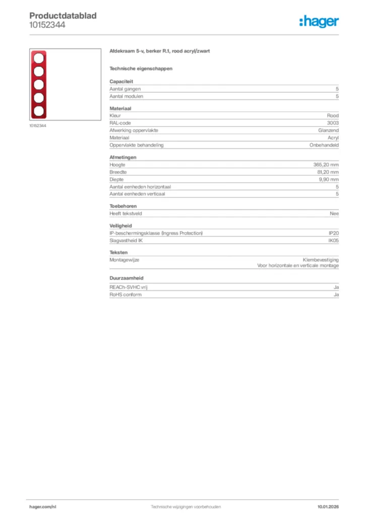 Afbeelding Hager Productdatablad 10152344 | Hager Nederland
