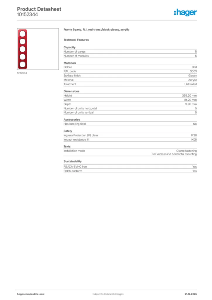 Image Hager Product data sheet 10152344  | Hager