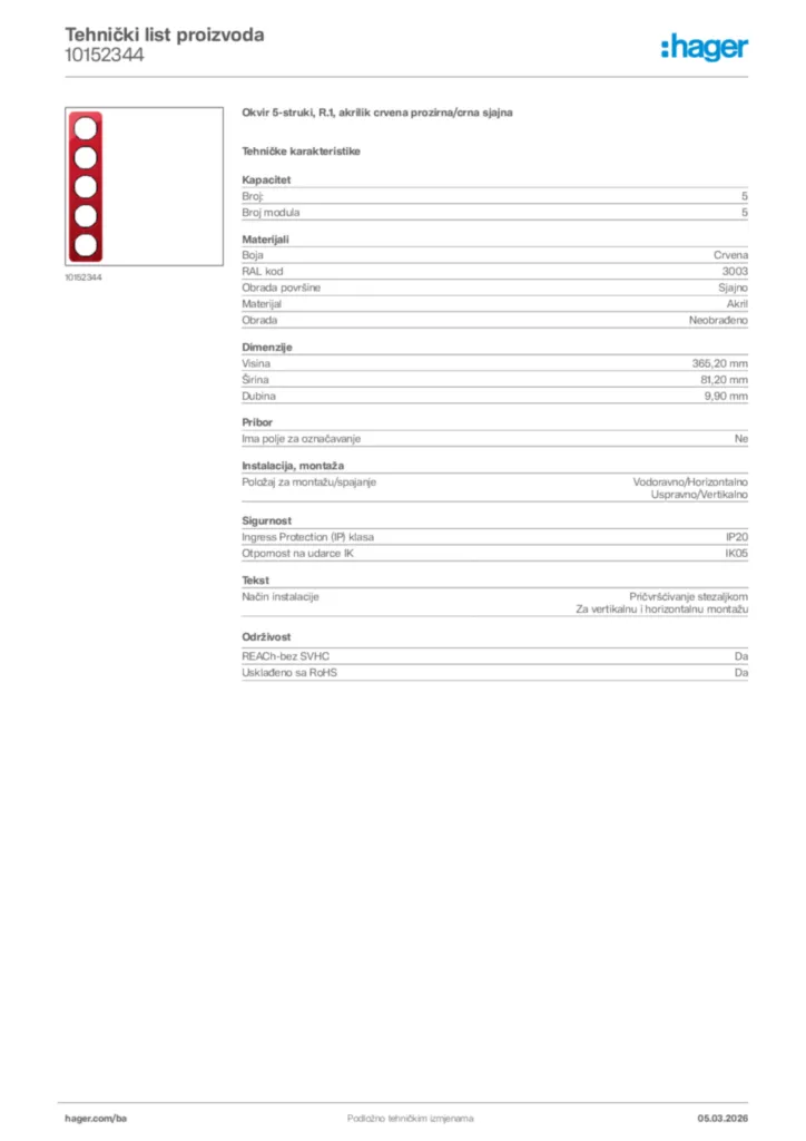Slika Hager Tehnički list proizvoda 10152344  | Hager