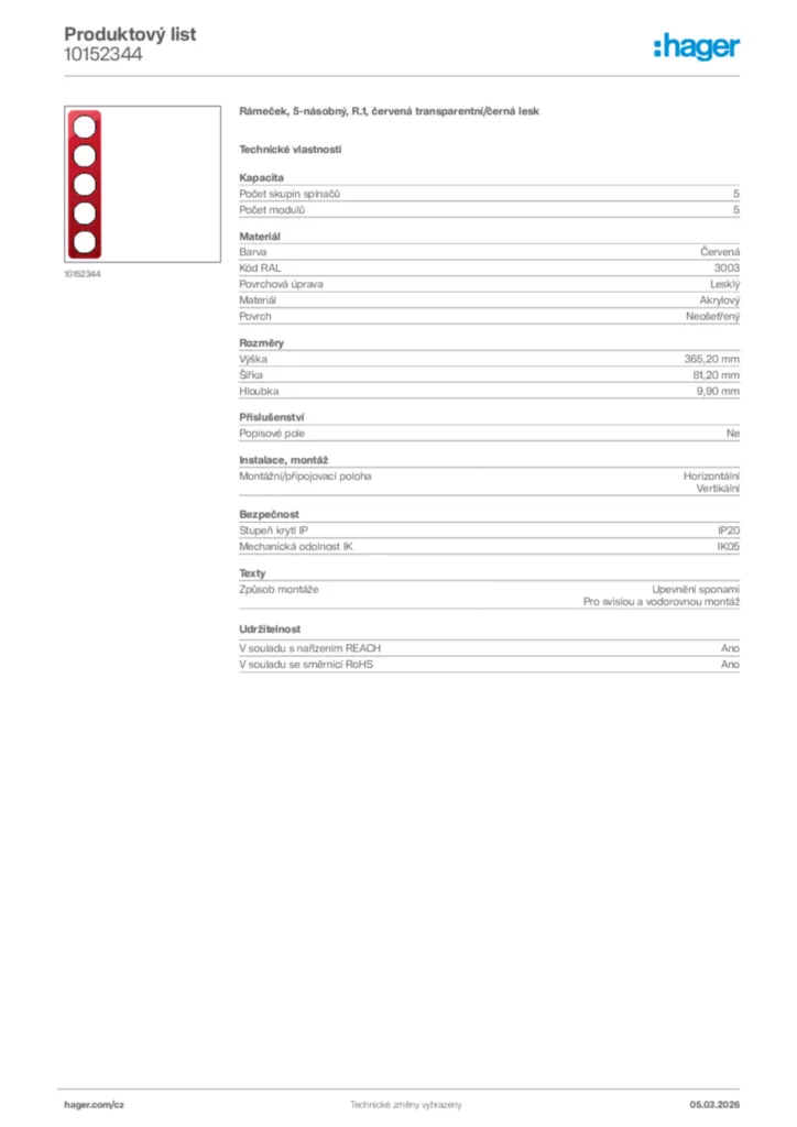 Obrázek Hager Product data sheet 10152344 | Hager