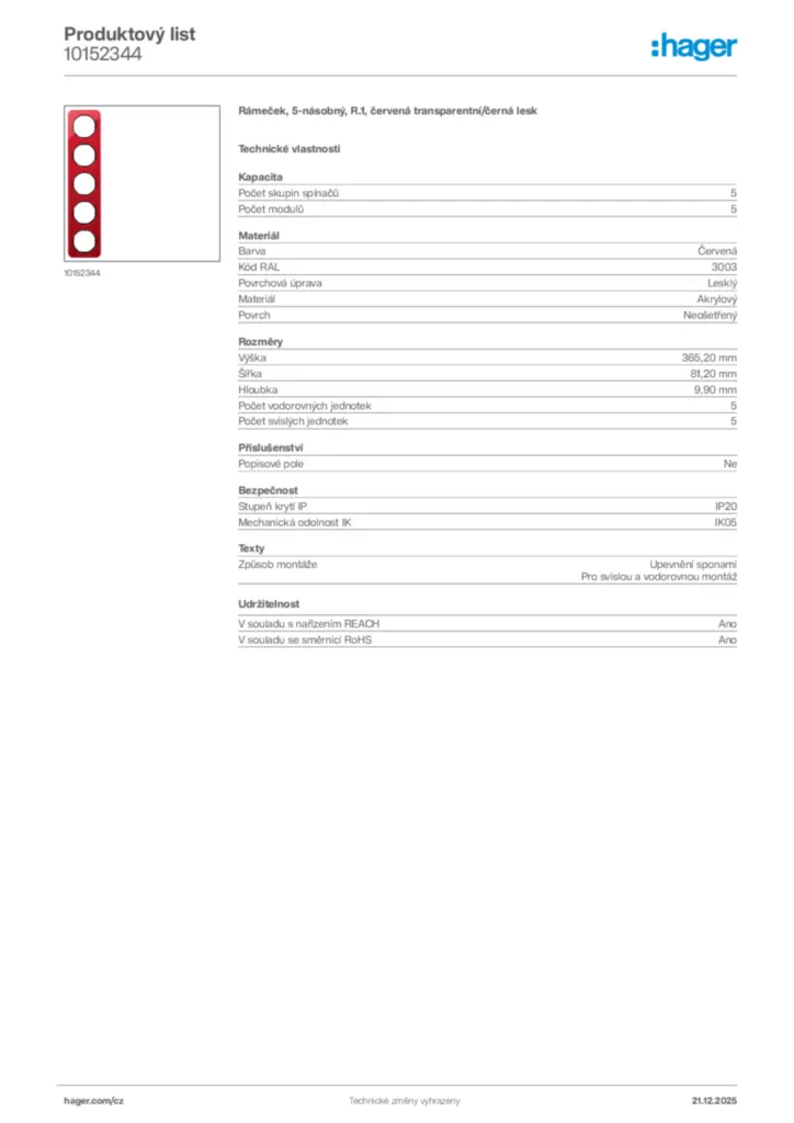 Obrázek Hager Produktový list 10152344 | Hager